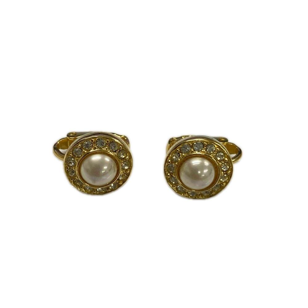 Christian Dior Circle Motif Earrings, GP (Gold Finish), Faux Pearl, Rhineston...